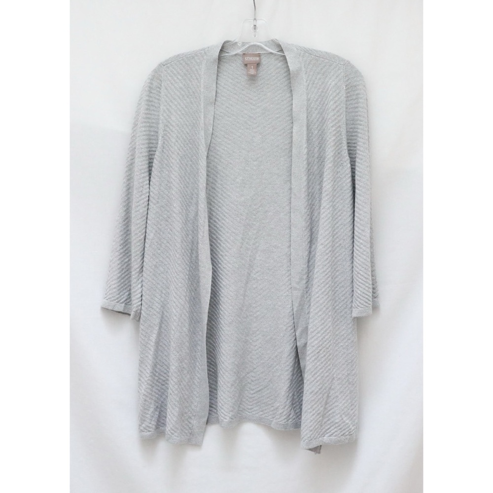 Chico's open front knit cardigan longline metallic silver shiny sparkle lurex 1